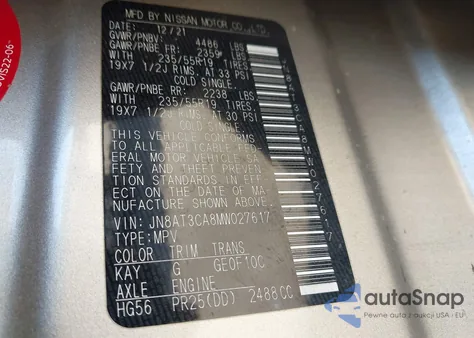 2021 Nissan Rogue Sl Fwd из США, поврежденный, VIN JN8AT3CA8MW027617